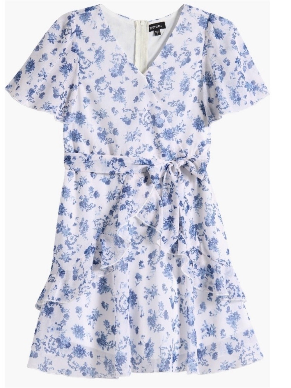 Zunie White and Blue Floral Tie-Waist Dress